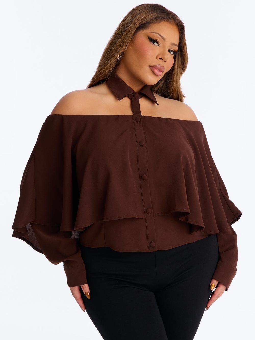 Off-Shoulder Brown Layered Blouse - Women Tops